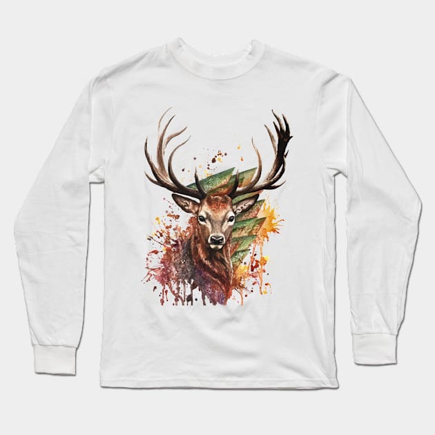 Deer Stag Head Realistic Animal Art Long Sleeve T-Shirt by joyjeff